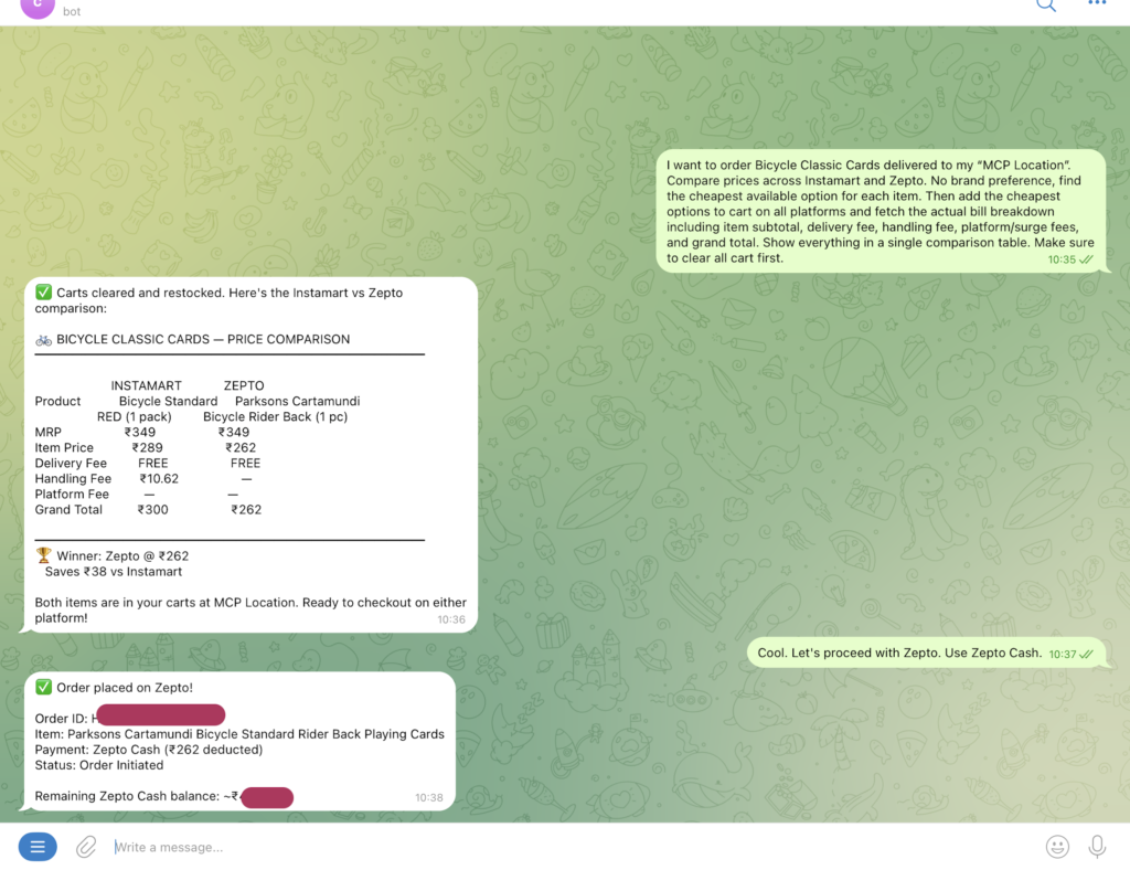 Conversation on Telegram between Claude and me comparing prices on Zepto & Instamart and placing the order.